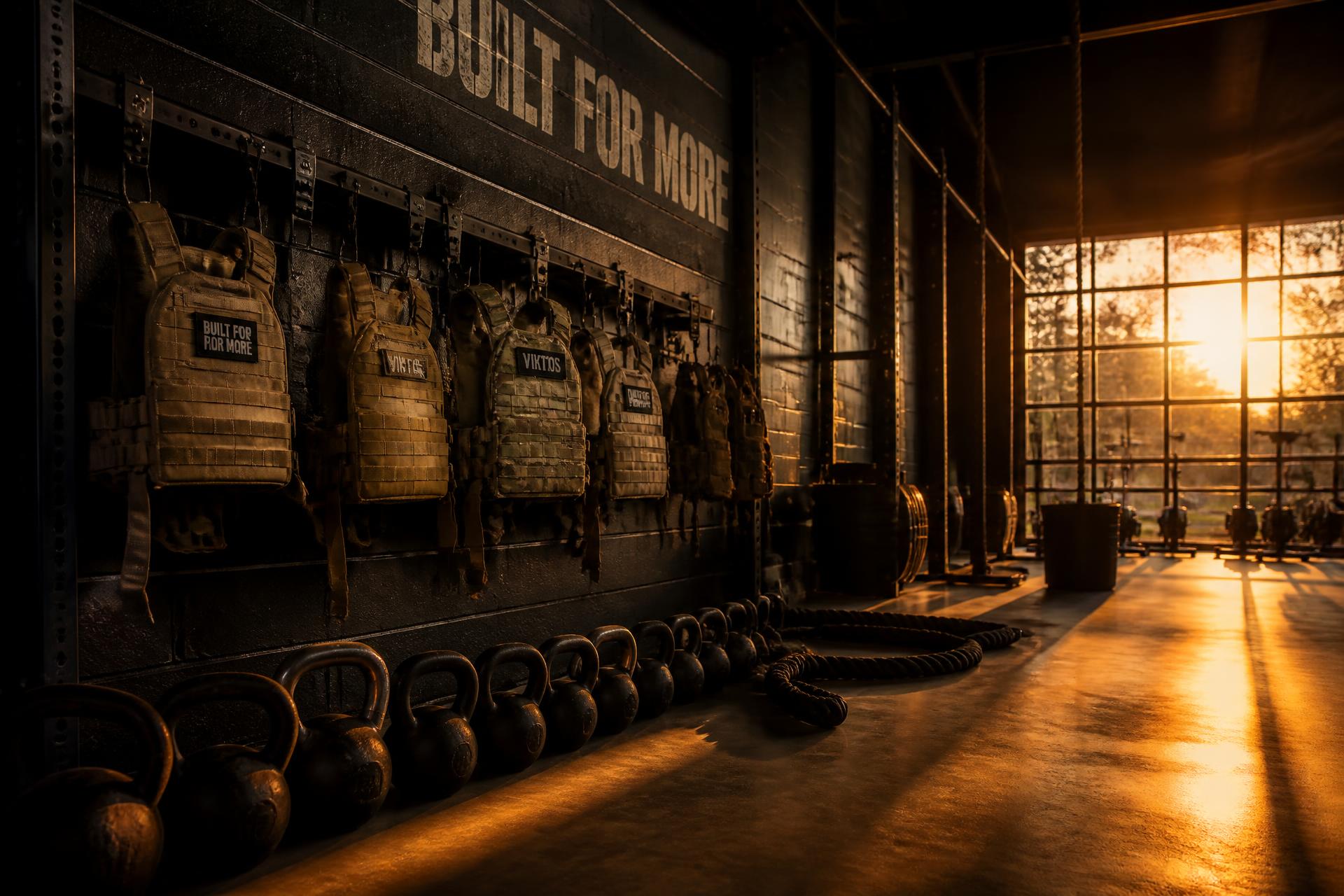 Weighted training vests on a wall rack and kettlebells on a polished concrete floor at sunrise.