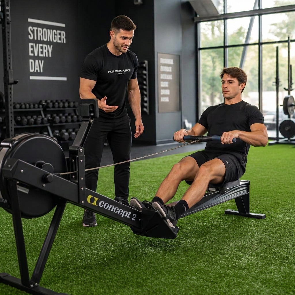 Trainer in black coaching a client on the rowing machine.